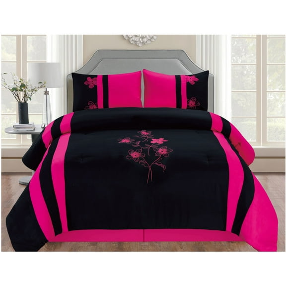 Embroidered Floral Pink and Black Comforter Set with Sheet Set