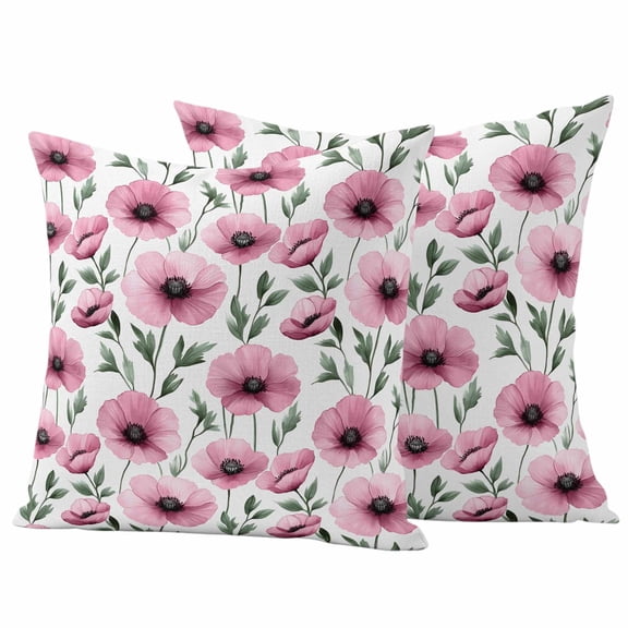 2 Pack Outdoor Waterproof Throw Pillow Covers,Spring Pink Flower Poppy Decorative Square Pillow Case Patio Pillowcases for Chair Couch Sofa 16x16in