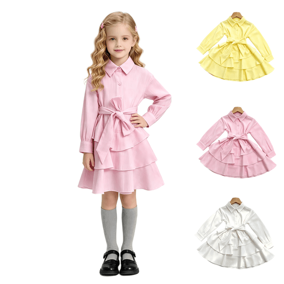 Wilark Girls Shirt Dresses with Waist Belt Size 7-8, Long Sleeve Tiered Ruffle Fall Casual Midi Dresses for Kids Pink