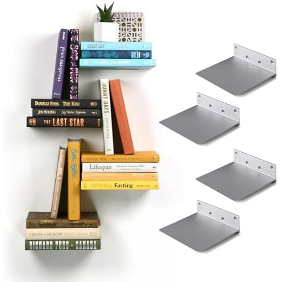 Floating Invisible Bookshelf Wall Mounted (Set of 4) - Aluminum - Turn Books into Floating Shelves