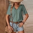 thumbnail image 2 of Top de verano para mujer, Top informal holgado de manga corta con cuello en V y botones con ojales, Top con adorno de encaje para mujer, 2 of 6