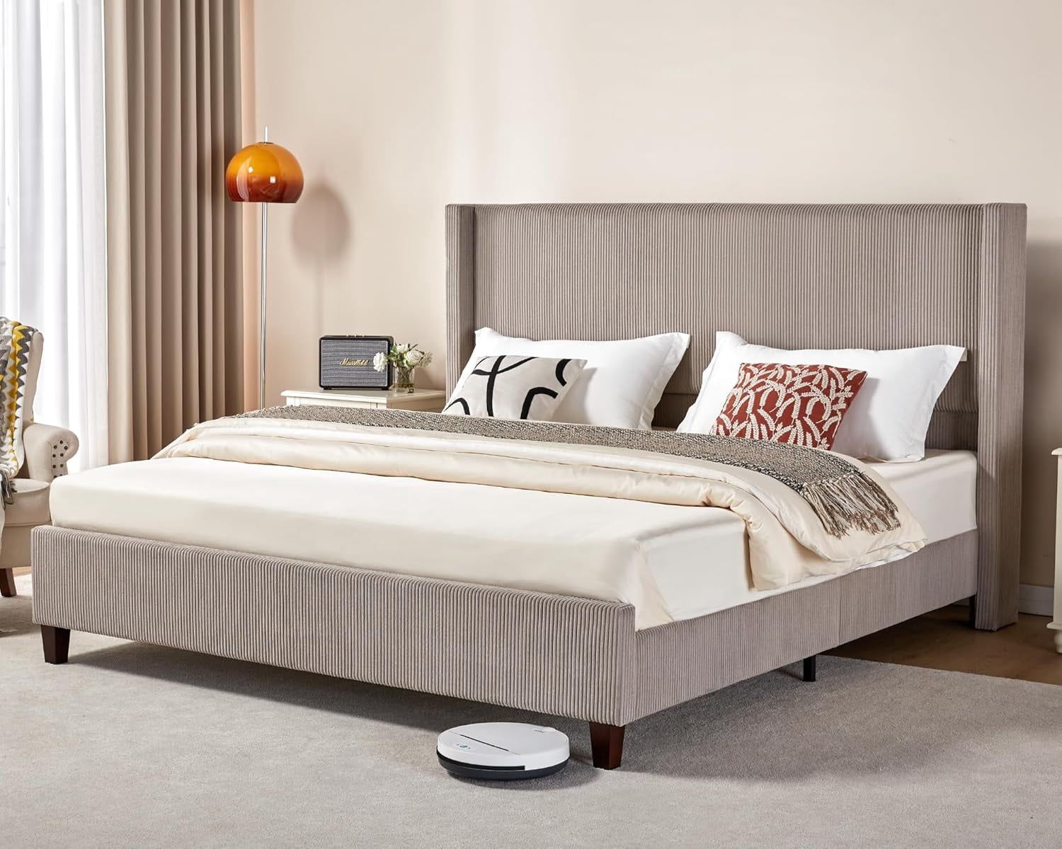 VanAcc King Size Platform Bed Frame, 50.8" Corduroy Upholstered Bed with Vertical Channel Tufted Headboard/Wooden Slats/Wingback, Taupe
