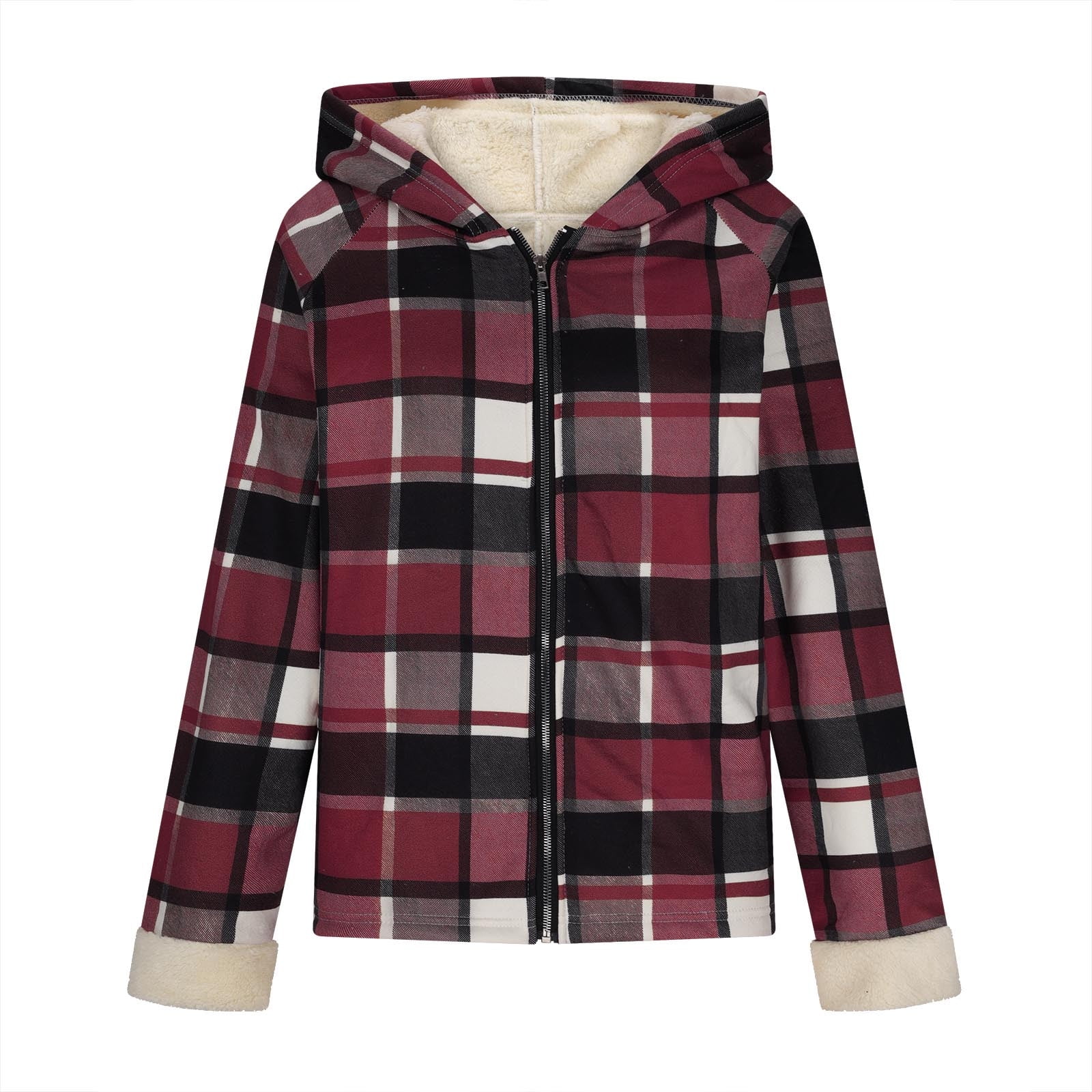 Womens Winter Coats Plaid Woolen Full-zip Hooded Jackets with Sherpa Lined Thick Warm Faux Shearling Outerwear (2XL, Hot Pink)