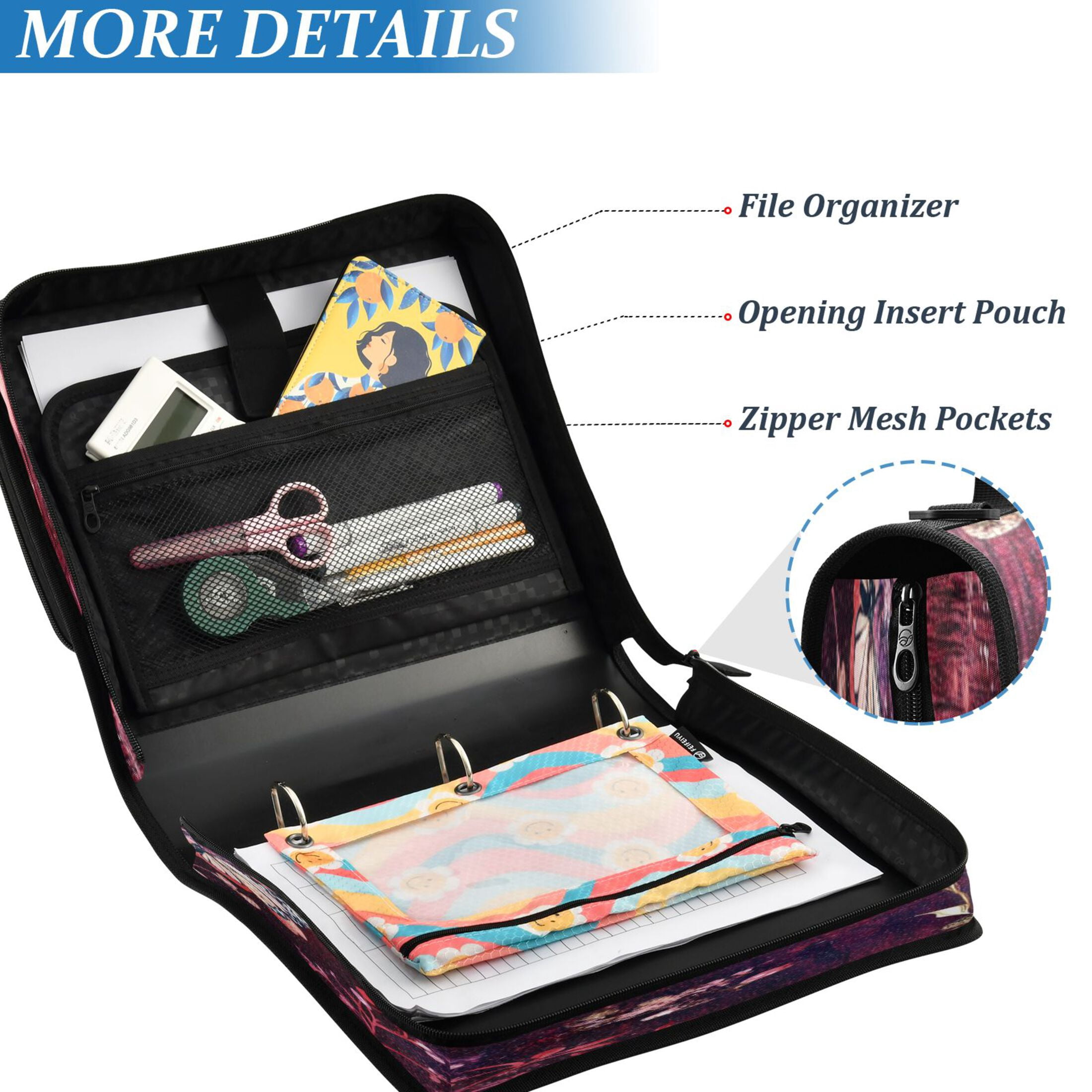 YAZAOO Zipper Binder trapper keeper Documents Organized Design Whimsical Floral Nightscape Printed