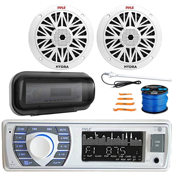Pyle PLRMR23BTW Single DIN Marine Bluetooth USB/AUX MP3 Player/SD AM/FM Stereo Receiver W/White Cover, 2x 6.5'' 200W Max Water Resistant 2-Way Dual Speakers, Radio Antenna, Speaker Wire, Pry Tool Set