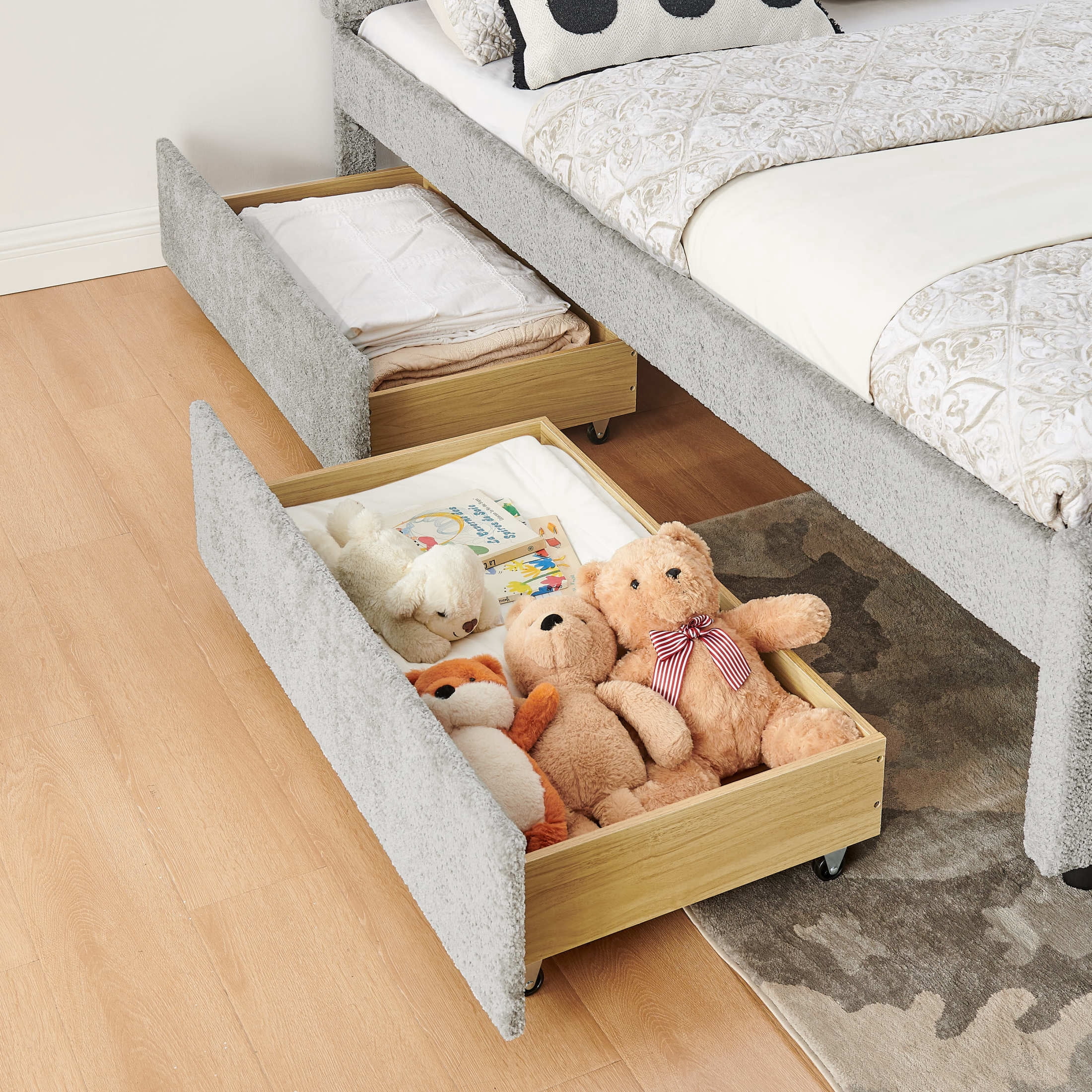Noble House Luxen Queen Chenille Upholstered Bed, Vertical Tufted Daybed with Pull-out Trundle and Storage Drawers, Gray