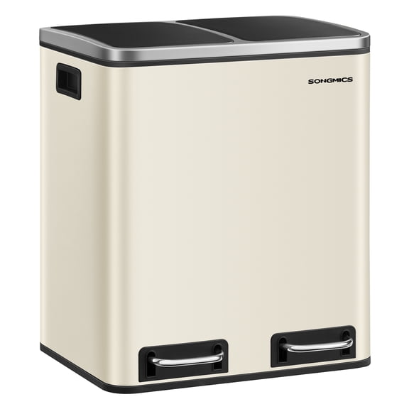 SONGMICS Garbage Can, 2 x 4 Gallon (2 x 15 L) Trash Can, Recycle Bin with Soft-Close Lids, Pedals, and Inner Buckets for Kitchen, Stainless Steel, Sand Beige and Ink Black