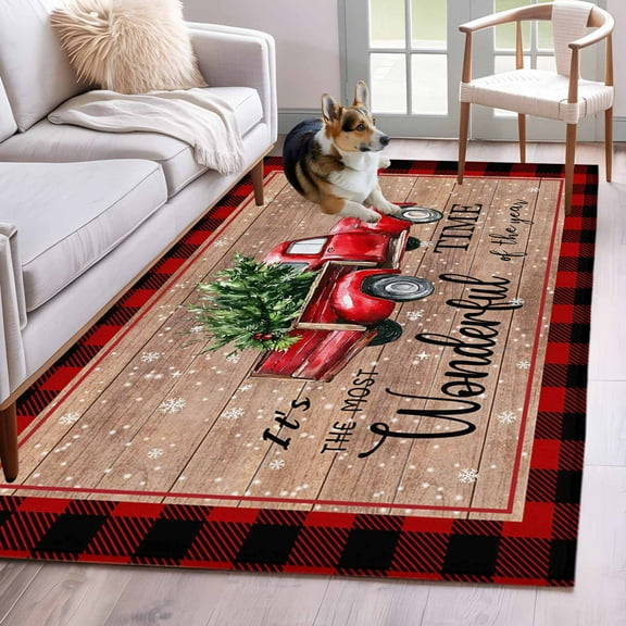 Christmas Truck Area Rug 4x6 Washable Rug Non Slip Farmhouse Buffalo Check Snowflakes Brown Wood Large Area Rug Indoor Floor Carpet for Entryway Bedroom Kitchen Living Room Office Dining Room Nursery