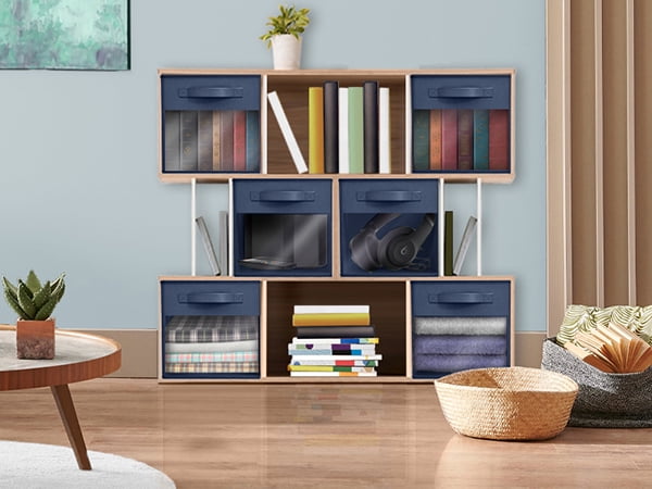 Sorbus 13” Foldable Storage Bins with Clear Window – Set of 6 Collapsible Fabric Baskets with Handles for Clothes, Toys, Books – Sturdy Organizer Cubes for Shelves & Closets, Navy Blue