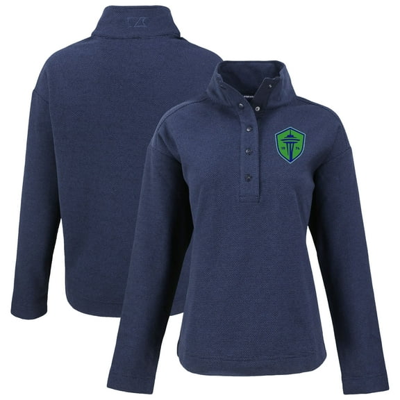 Women's-Cutter & Buck  Navy Seattle Sounders FC Hunts Point Eco Textured Fleece Recycled Quarter-Snap Pullover Top