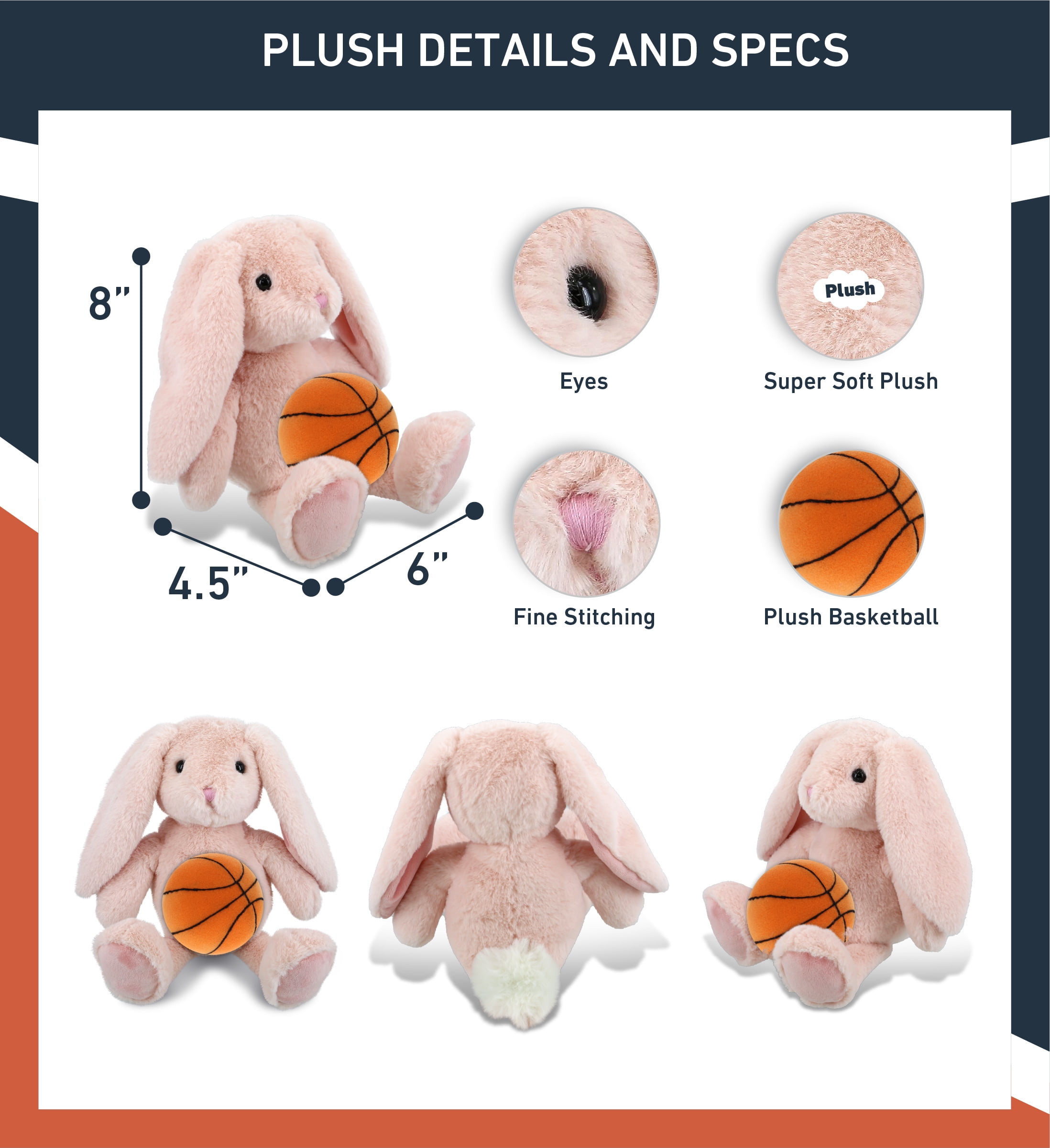 DolliBu Baby Pink Rabbit Stuffed Animal with Basketball Plush – Soft Huggable Rabbit, Adorable Playtime Rabbit Plush Toy, Cute Farm Life Gift, Plush Doll Animal Toy for Kids and Adults – 8 Inches