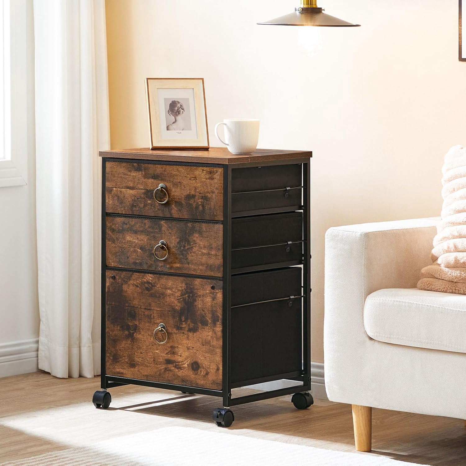 3-Drawer Rolling File Cabinet for Home Office, Vertical Under-Desk Cart with Fabric Drawers, A4/Letter-Sized, Rustic Brown