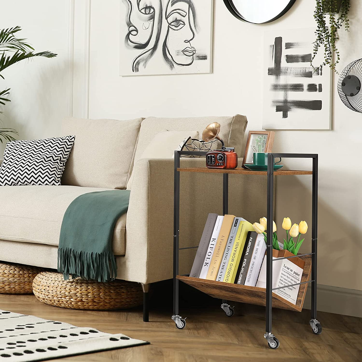 2 Tier Record Player Stand End Table with Vinyl Storage Shelf, Brown