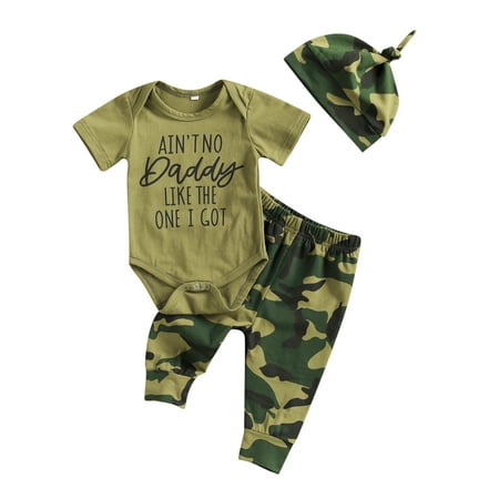 

Brilliantme Newborn Baby Boy Girl Daddy Short Sleeve Bodysuit Tops Camouflage Long Pant Hat 3PCS Outfits Set