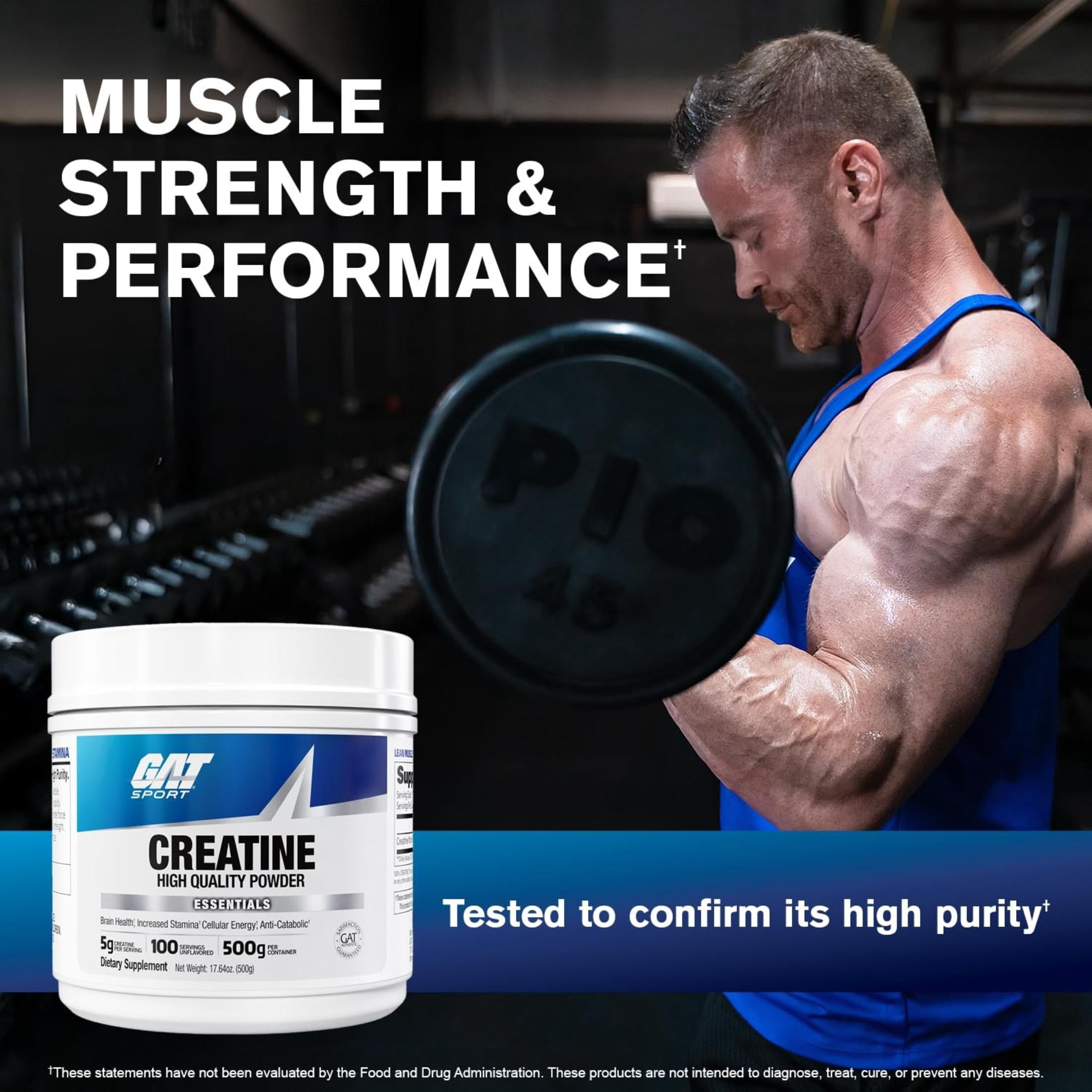 GAT SPORT Creatine Monohydrate 500 Gram Powder, Strength, Brain Health, Anti-oxidant, Endurance, for Men & Women, Unflavored, 100 Servings