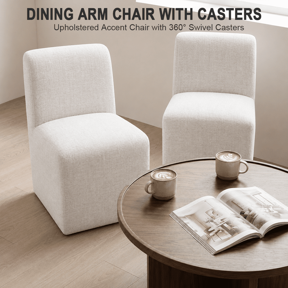 Aenkyo Dining Chairs with Casters, Set of 2, Upholstered Rolling Side Chairs, White