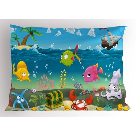 Kids Pillow Sham Funny Sea Animals Underwater Ocean View with Sail Boat Palm Trees Cartoon Artwork, Decorative Standard Queen Size Printed Pillowcase, 30 X 20 Inches, Multicolor, by