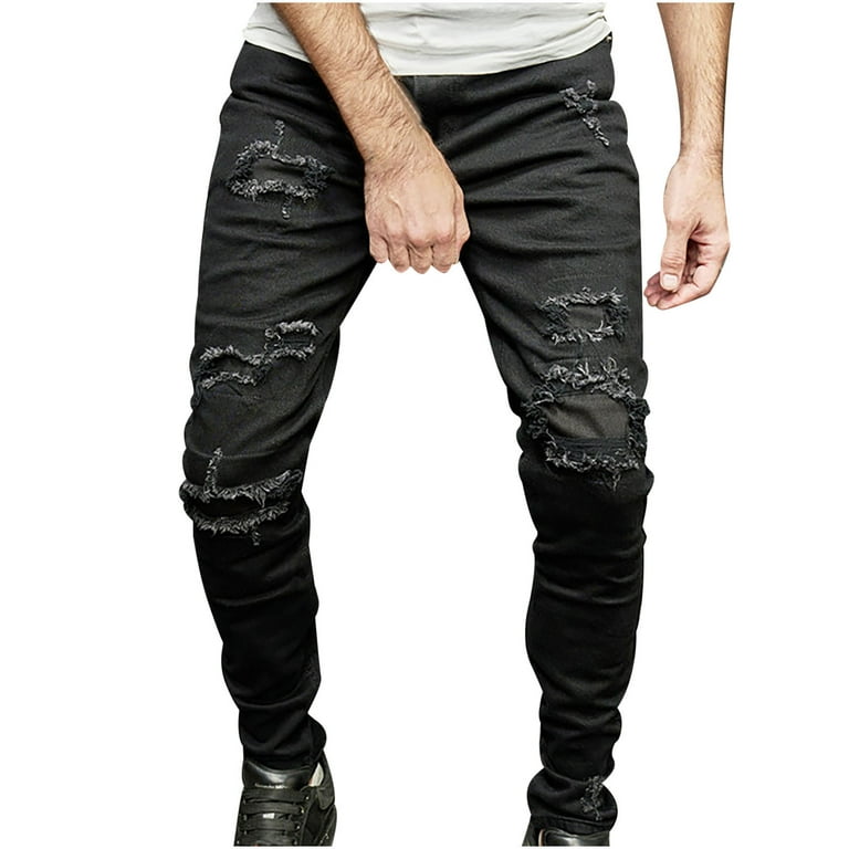 Virmaxy Men's Pants Solid Colour Punk Style Hole Old Pants Fashion Casual  Zip Button Cargo Pants Black-C XS