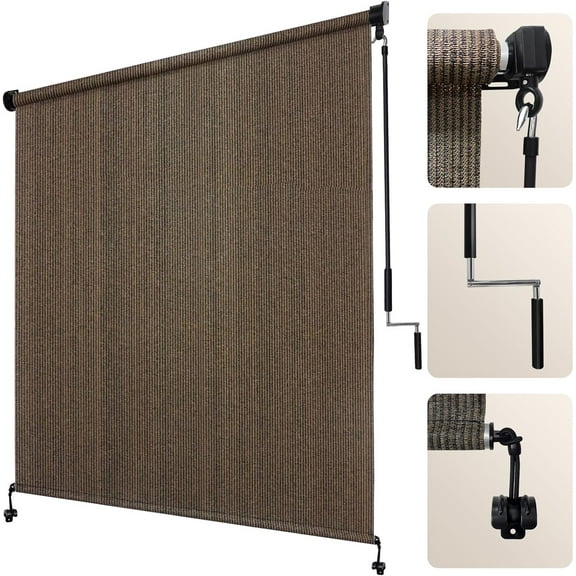 Outdoor Roller Shades with Splicing Design, 10' W x 8' H Exterior Cordless Patio Shades Roll Up Blinds for Porch, Gazebo, Pergola, Balcony, Mocha