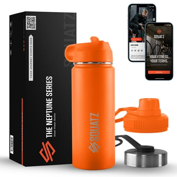 Squatz 18 Oz Neptune Series Steel Water Bottle, Double Wall Vacuum Insulated Flask W/ Handle Strap