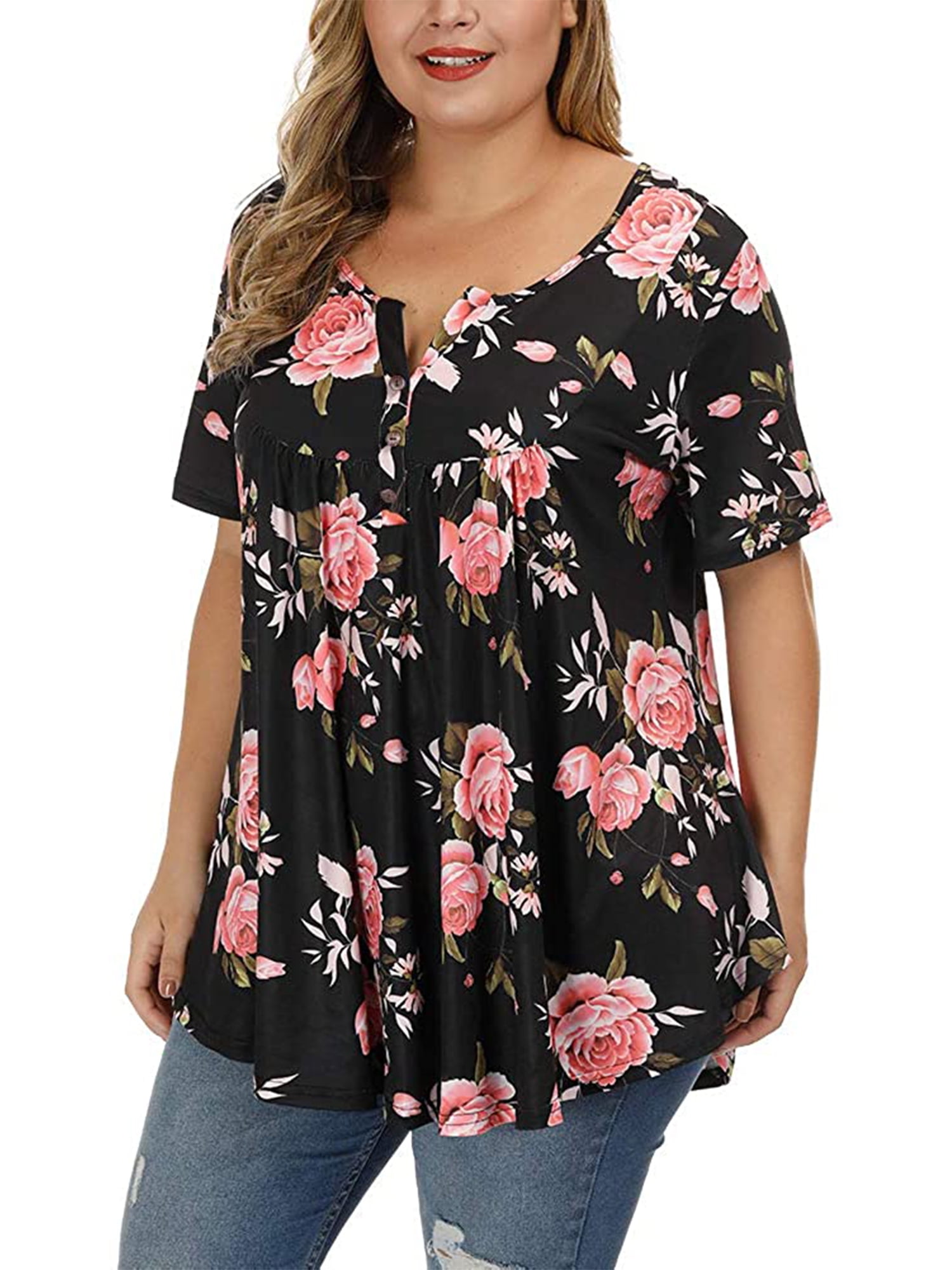 CARCOS Plus Size Black Henley Top - 4XL Long Sleeve Blouse, Rayon Blend Tunics For Women - View #6