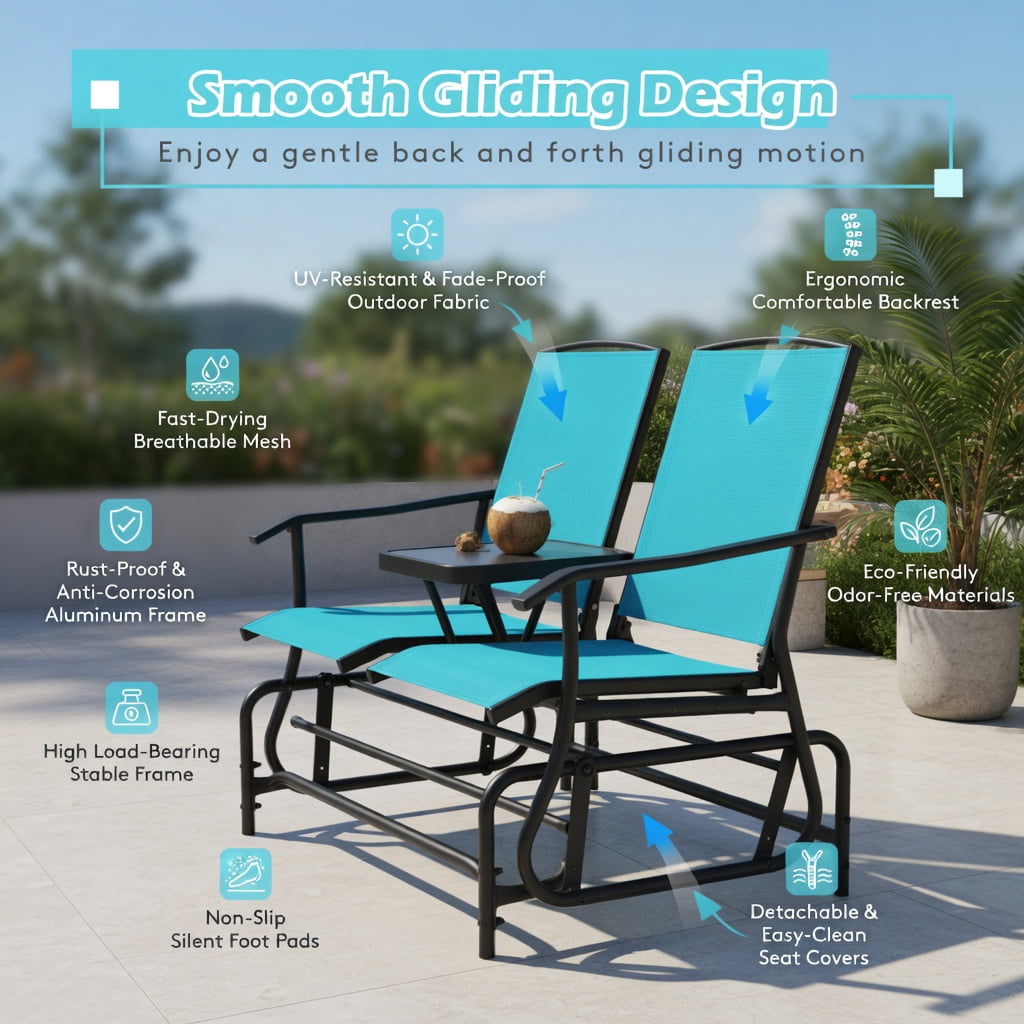 Hommoo 2-Person Outdoor Rocking Loveseat with Tempered Glass Center Table, Mesh Fabric, Steel Frame, Turquoise