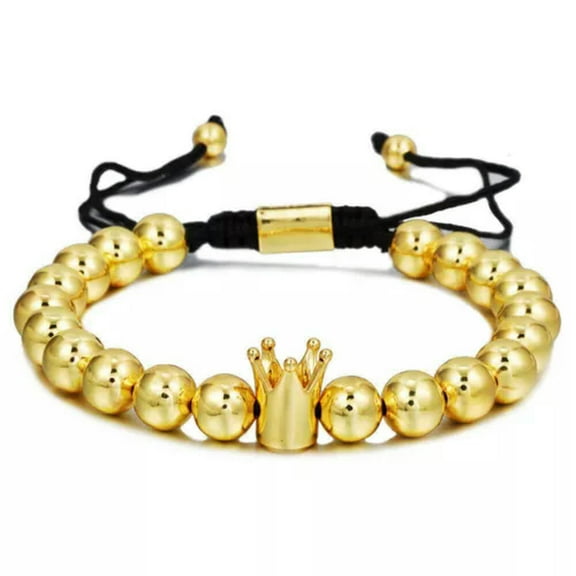 EOEMY Crown King Charm Beads Bracelet For Men Women 8mm Gold Beads Handmade Jewelry-Gold