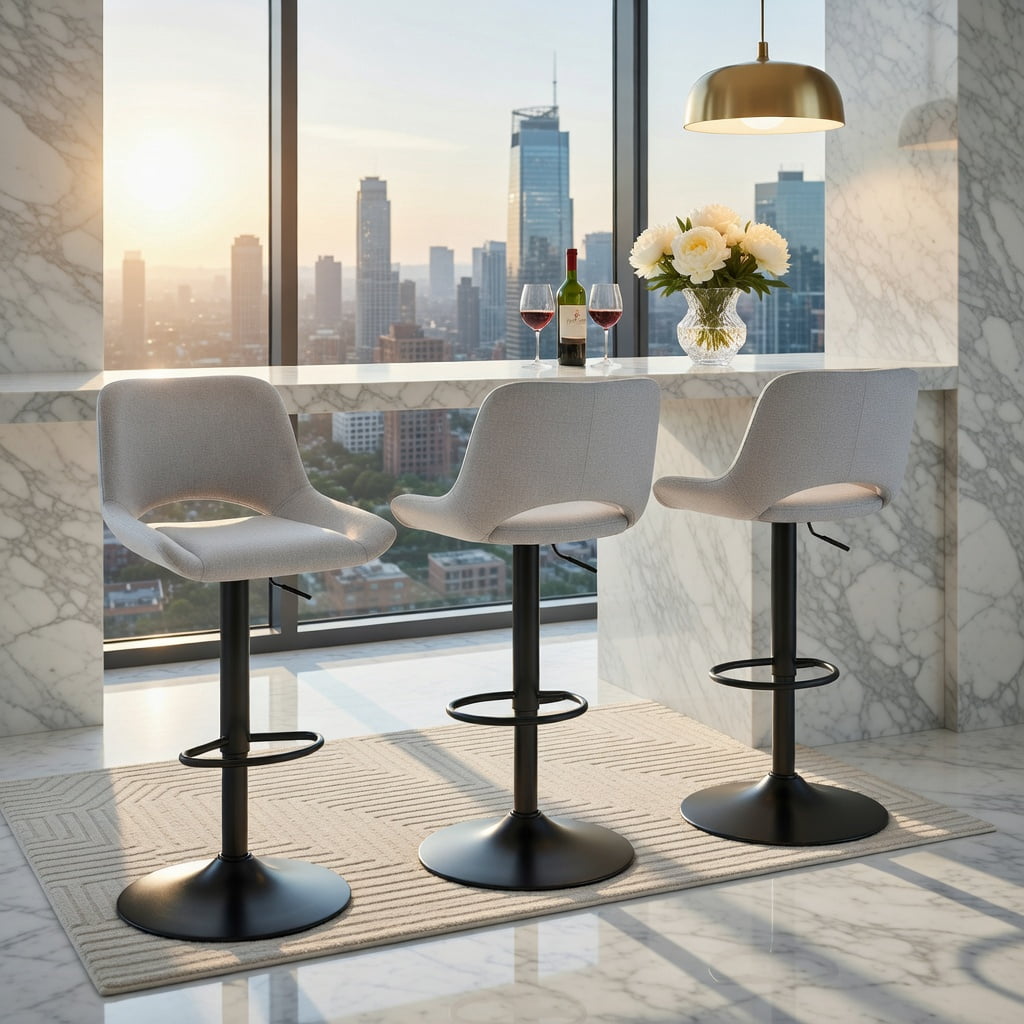 Hommoo 2-Pack Modern Swivel Bar Stools, Adjustable Height, Linen & Black Metal, 360° Rotation, 250 lb Capacity, for Kitchen Island & Home Bar, Light Gray