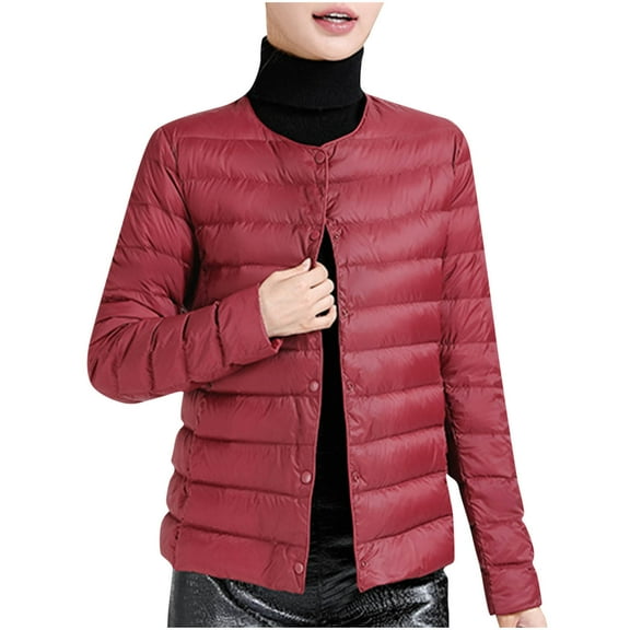 XPMWRP Women's Lightweight Crew Neck Down Quilted Jacket Long Sleeve Solid Color Slim Button Coat Winter Keep Warm Loose Puffer Jacket with Pocket Red XXXL