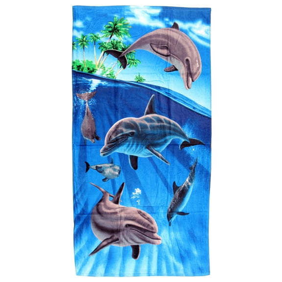 Luxurious - Island Dolphins Ocean - 100% Cotton Velour Beach Towel – Soft, Absorbent, and Stylish!