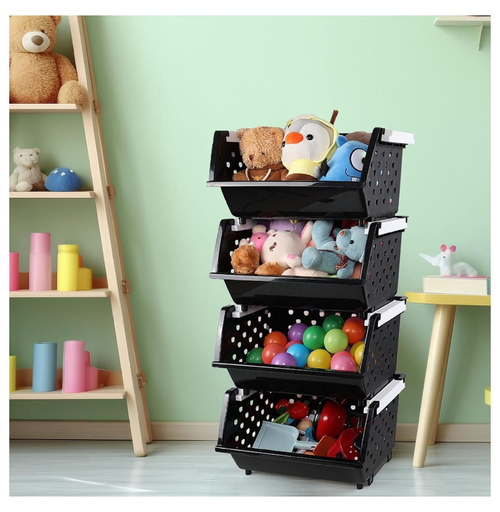 4 Pack Plastic Stackable Storage Baskets, Large Stacking Organizer Bins, Black