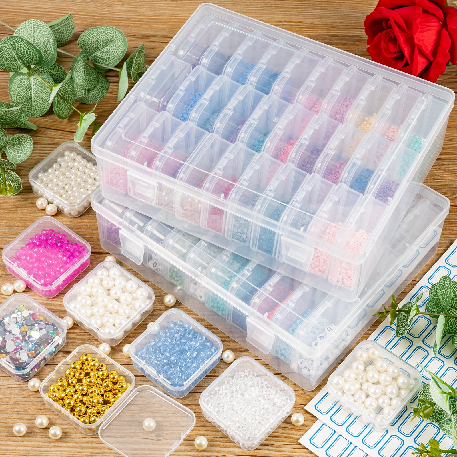 30 Slots Bead Organizer Box, Bead Storage Containers, Mini Clear Craft Bead Storage Box Rhinestone Organizer Storage Bead Organizers and Storage with Hinged Lid Labels for Seeds Art Craft (2 Pack)