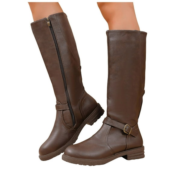 Women's Knee High Riding Boots Casual Leather Round Toe Low Heel Fashion Buckle Strap Mid Calf Motorcycle Booties Coffee 9