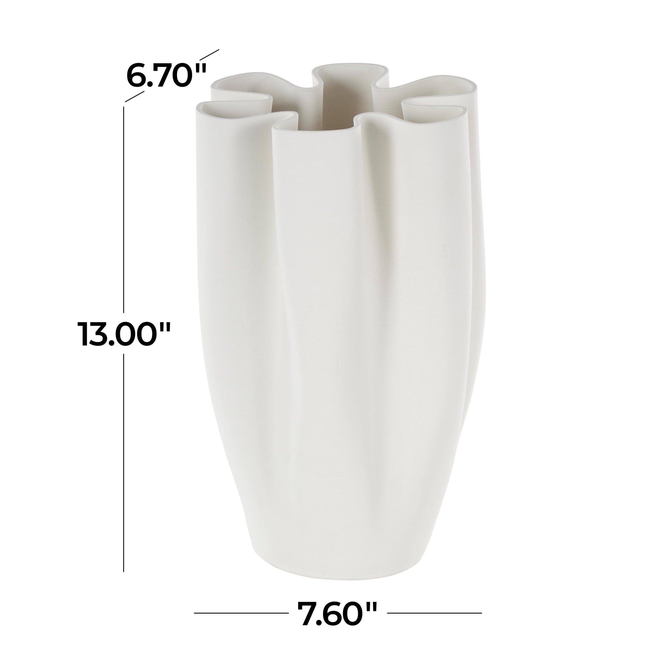 DecMode 13" Abstract Ribbed Dimensional Folded White Ceramic Vase with Floral Shaped Rim