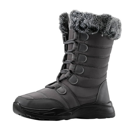 

GNEIKDEING Women Men Snow Boots Round Toe Water Proof Flat Heel Warm Winter Lace Up Solid Color Mid Calf Gift on Clearance