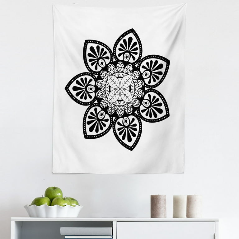 White Boho Tapestry Oriental Thought Flower Universe Deep Meaning Monochrome Style Artwork Print Fabric Wall Hanging Decor for Bedroom Living Room