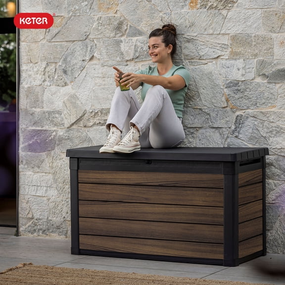 Keter Rosewood 100 Gallon Resin Deck Box Organization and Storage for Patio Furniture Outdoor Cushions, Throw Pillows, Garden Tools and Pool Toys, Brown