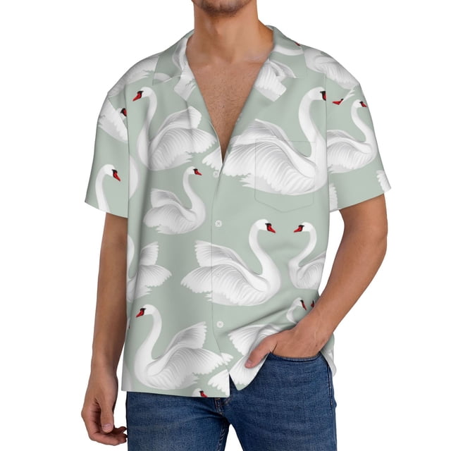 Fotbe White Birds Camisa Estampada de Manga Corta para Hombre, Casual de Verano, Estilo Playero, Sin Arrugas-Small