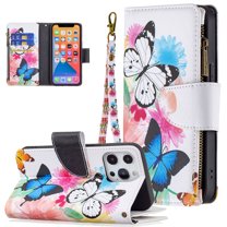 Compatible with iPhone 13 Pro Max Case 6.7" (2021), Allytech [9 Card Slots] PU Leather Flip Stand Zipper Pocket Magnetic Closure Detachable Hand Lanyard Purse Protectiver Cover, Two Butterflies