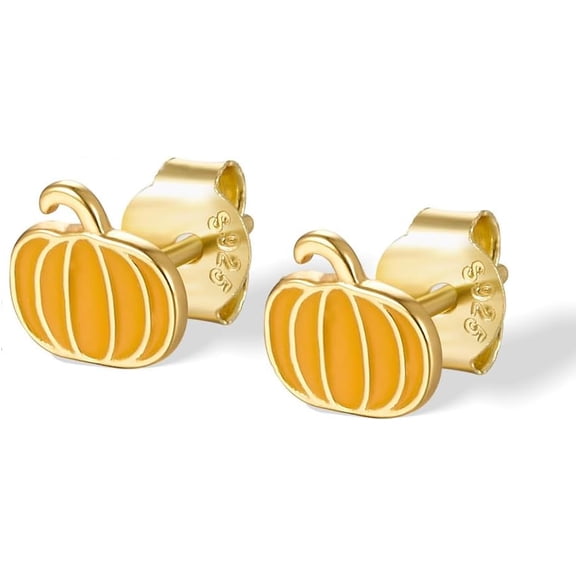 Cute Pumpkin Tiny Small Stud Earrings 925 Sterling Silver Cartilage Tragus Hypoallergenic Enamel Studs Earring Dainty Halloween Thanksgiving Autumn Fall Party Jewelry Gifts for Women Daughter