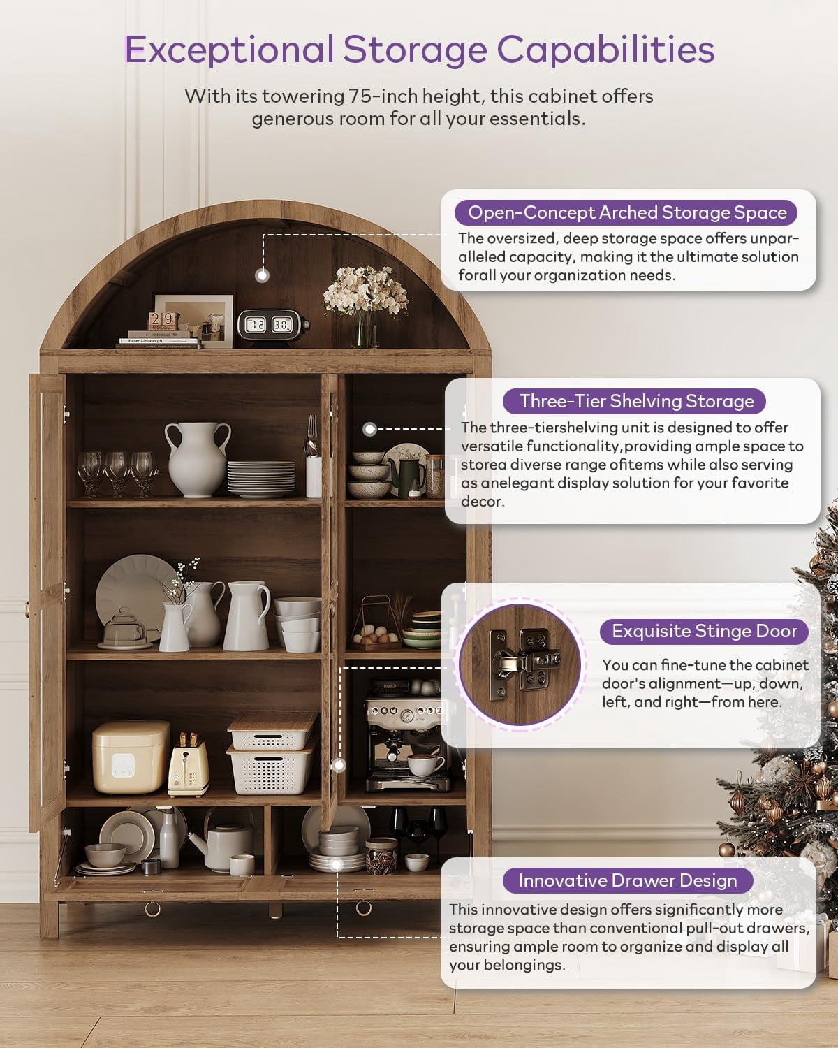 LAZZO 75" Arched Pantry Cabinet with Glass Doors, Rattan Drawers and Anti-Tipping Storage Cupboard for Kitchen and Living Room, Natural Wood