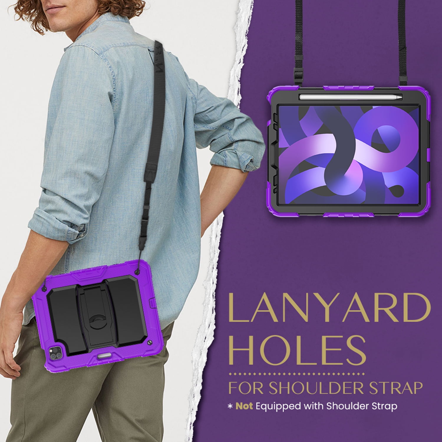 Shockproof Case for Apple iPad Air 11-inch 2024 iPad Pro 11 2022/2021/2020/2018 4th/ 3rd/ 2nd/1st/ iPad Air 4 5 10.9", Shoulder Strap Kids Case with Pencil Holder/Screen Protector,Purple