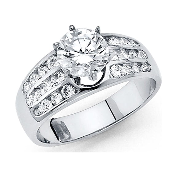 Round CZ Engagement Ring 14k White Gold Anniversary Solitaire CZ Wide Band Bridal Side Stones Size 7
