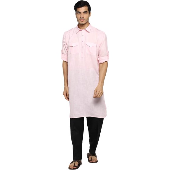 Royal Kurta Mens Cotton Pathani Kurta Pyjama (44, Pink-Black)