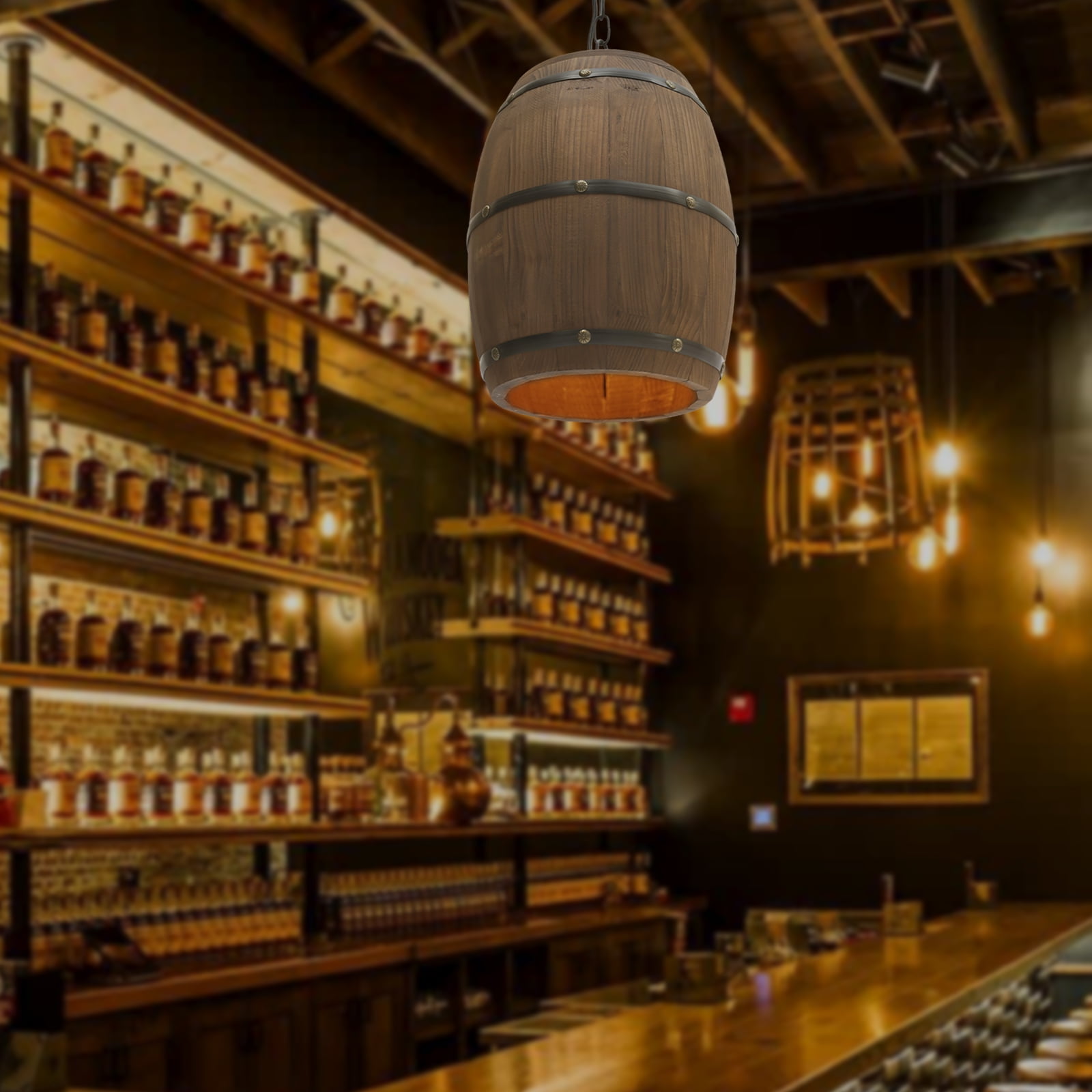 Dwellnix Adjustable Whiskey Barrel Decor Pendant Light, Vintage Wine Barrel Chandelier for Kitchen Island, Living Room Decor