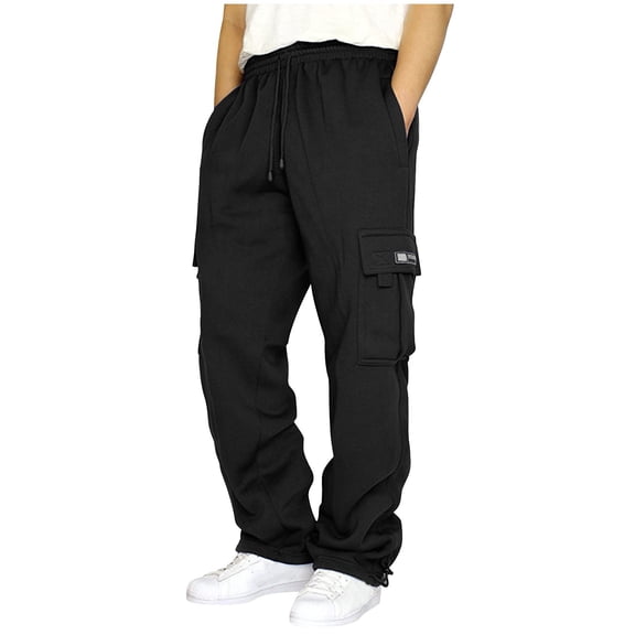 Caqnni Men's Drawstring Waisted Cargo Pants Open Bottom Running Cargo Pants Straight Leg Casual Joggers Athletic Casual Pants (XL,Z04-Black)