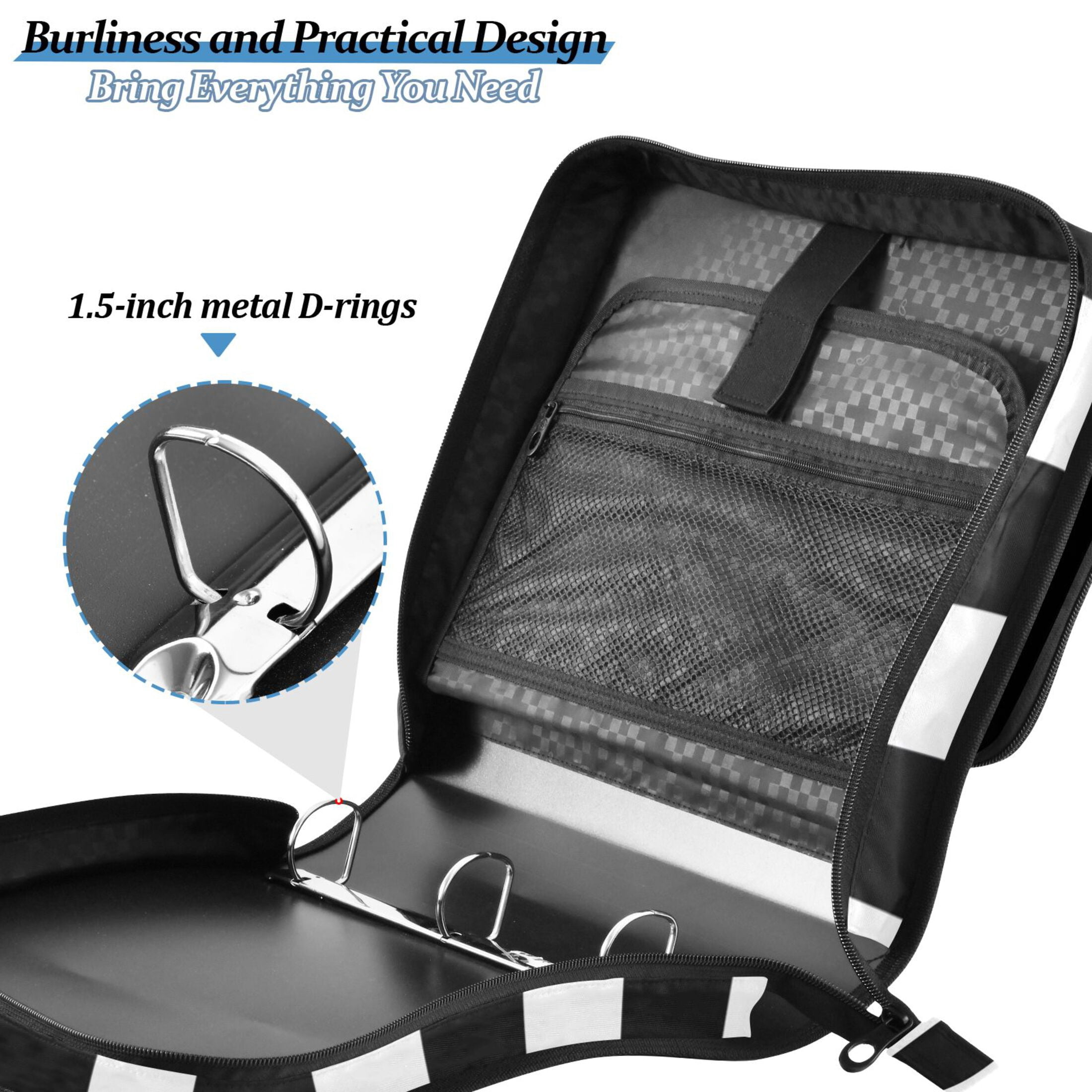 ALAZA Zipper Binder White and Black Stripe Pattern 3 Ring Trapper Keeper File Folder Organizer Bag