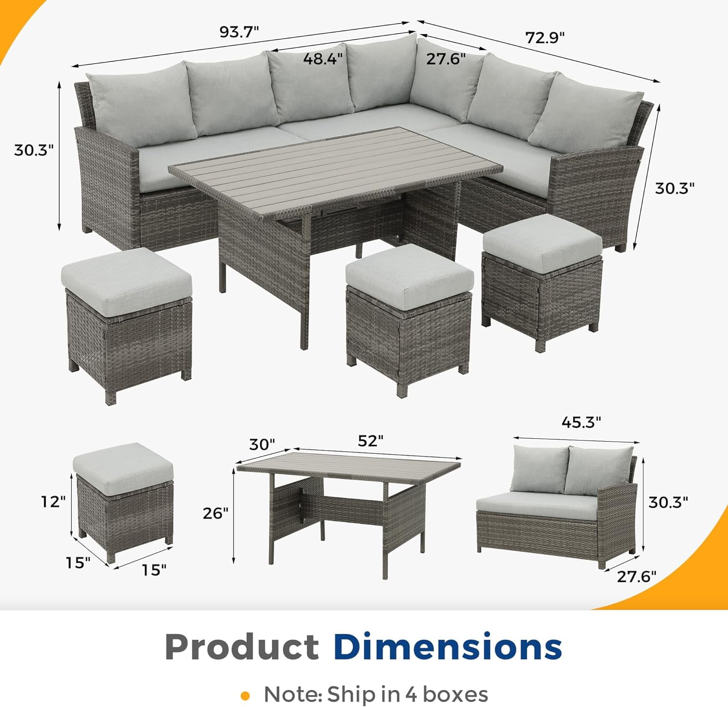 Superjoe 7 Piece High Curved Wicker Outdoor Sectional Sofa with Dining Table, Gray