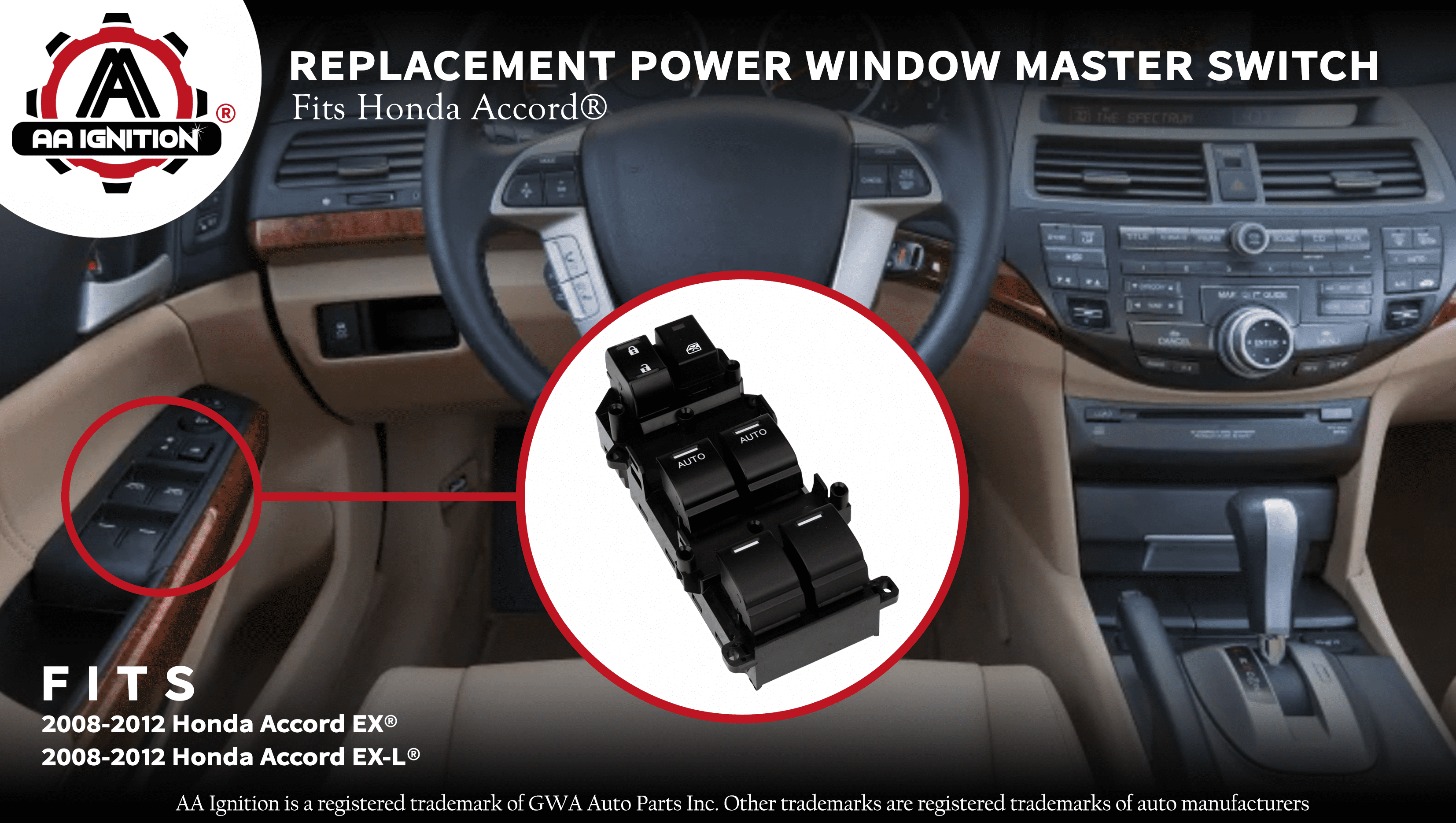 Replacement Window Master Switch Double Auto Button Compatible with Honda  Accord EX  EX-L 2008, 2009, 2010, 2011, 2012 Replaces 35750-TA0-A31,  35750-TA0-A32 Driver Side Double Auto Switch