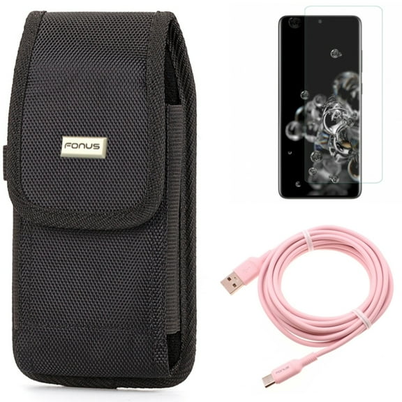 Case Belt Clip w 10ft Long USB-C Cable w Screen Protector for Samsung Galaxy S20 Ultra - Rugged Holster Canvas, Pink Charger Cord Power Wire, Tempered Glass [Fingerprint Unlock] fits Galaxy S20 Ultra
